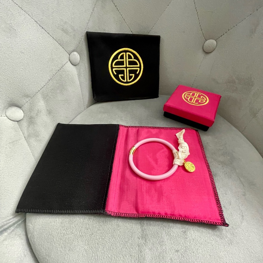 Budhagirl Pink Three Kings Bangle Bracelet w/silk pouch, box, BDG hair elastic